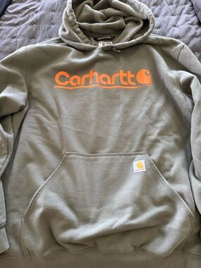 Carhartt Olive Green Pullover Hoodie with Orange Logo